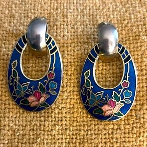 Vintage Signed SG Cloisonné Blue and Gold Floral Earrings